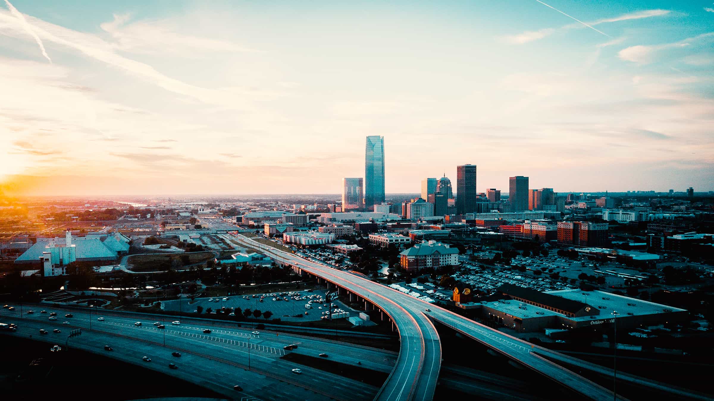 Aerial View of completed Oklahoma Construction projects - City Skyline at Dusk