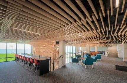 Carthage College Residence Hall Interior with Gathering Space Seating Areas and Views