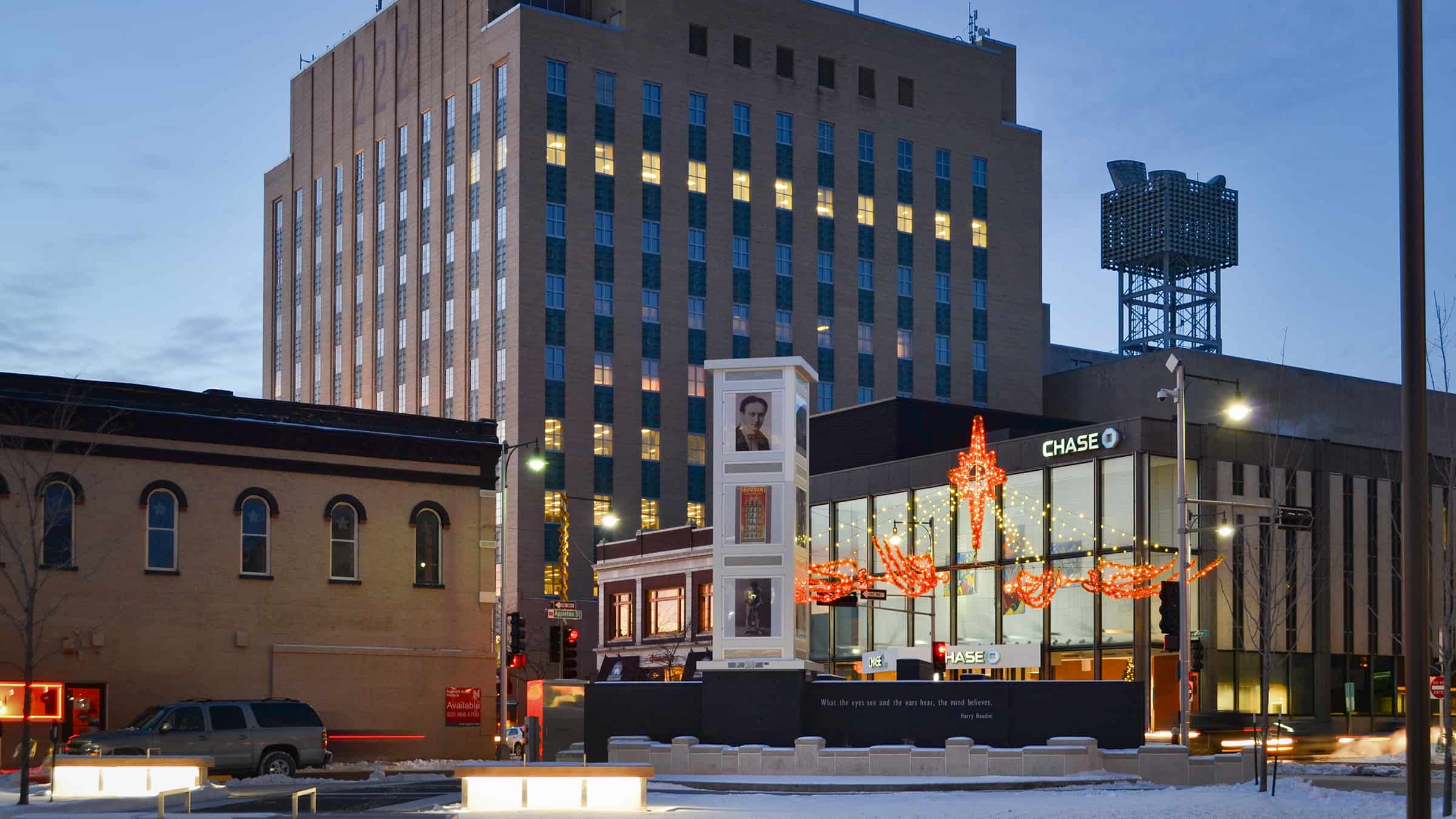 City of Appleton Houdini Plaza Full View at Dusk