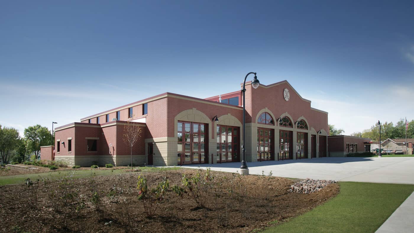 City of Marshfield Central Fire Station and Rescue Facility on Site with Concrete Paving and Garden