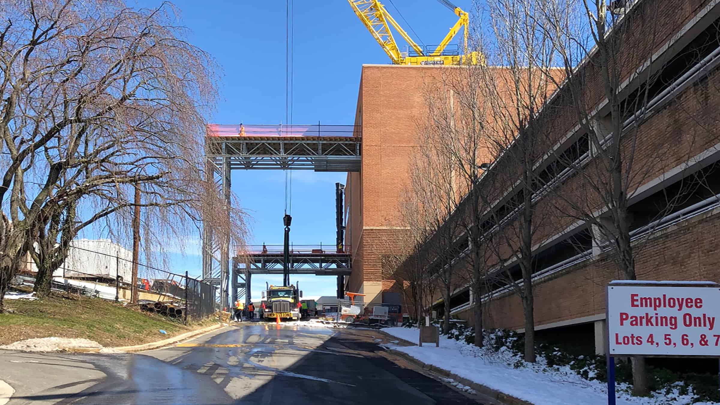 Johns Hopkins Sibley Memorial Hospital - Proton Therapy Equipment Installation - Equipment Hoist Exterior from Driveway