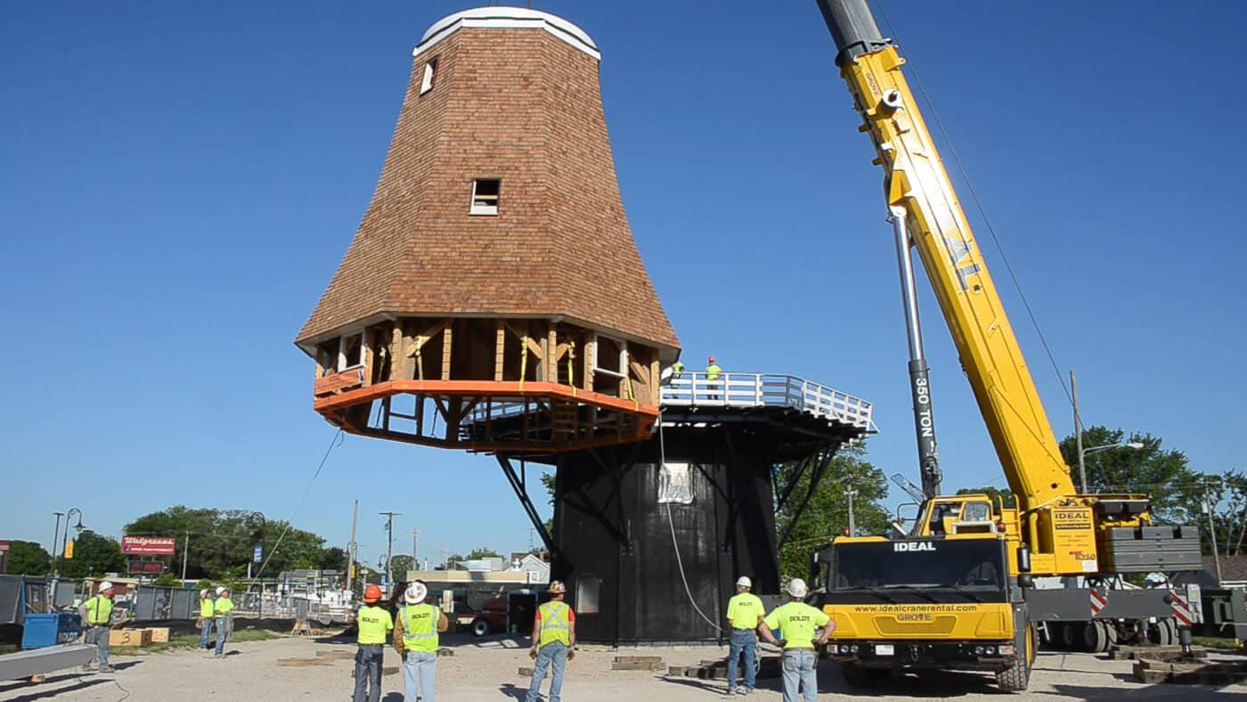 Little Chute Windmill and Van Asten Visitor Center Construction Crane Lifts Roof into Place