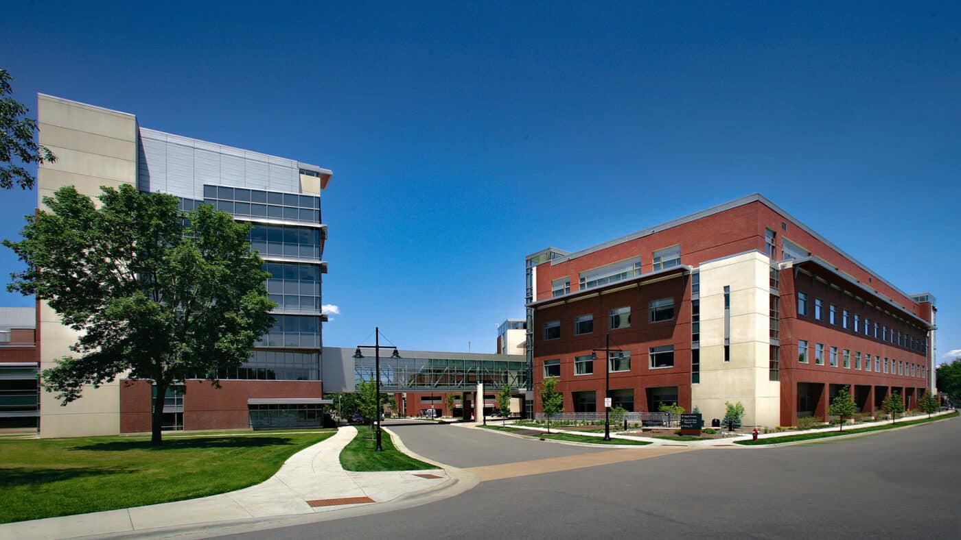 SSM Health - St. Mary's Hospital Campus with Skyway Connecting Two Buildings Visible above Street