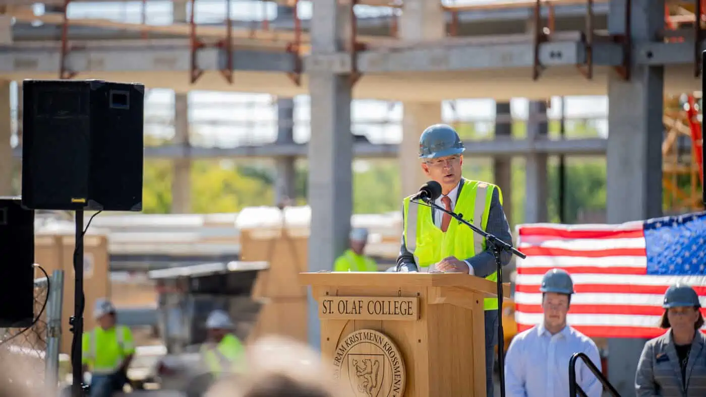 St. Olaf College - Residence Hall Construction Event - Tom Boldt Speakss on Stage