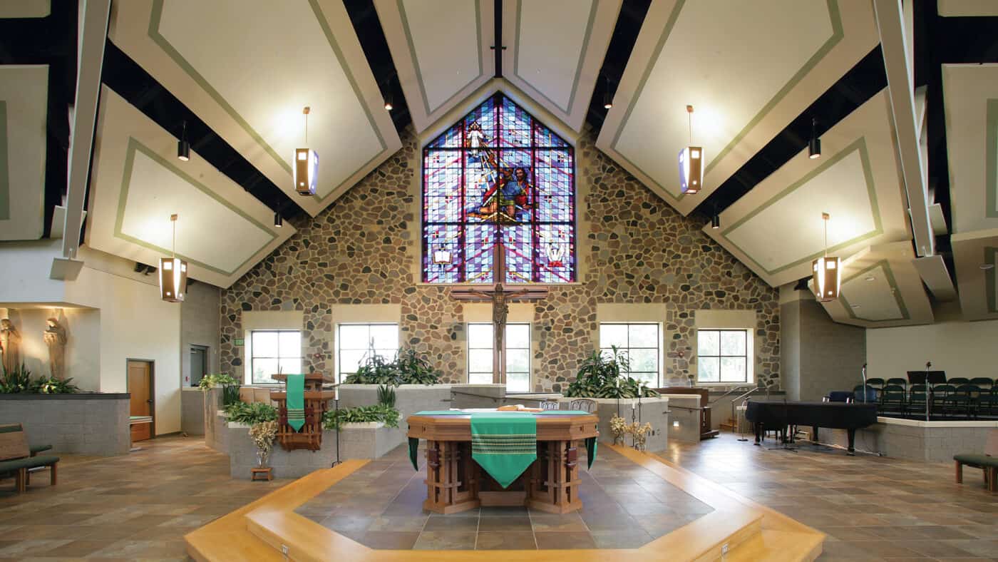 St. Paul's Catholic Church with Altar and View of Choir Risers, Stained Glass Window