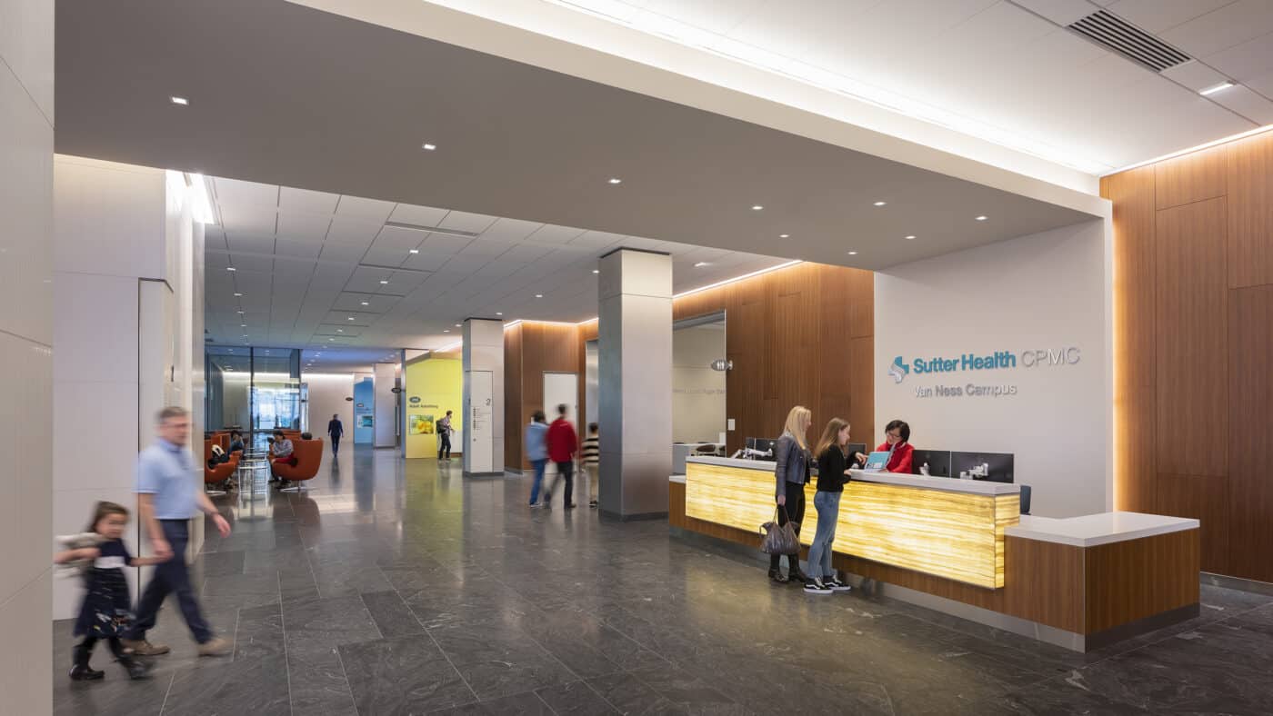 Sutter Health - CPMC Van Ness Campus Hospital Entrance Reception Desk and Interior Corridor