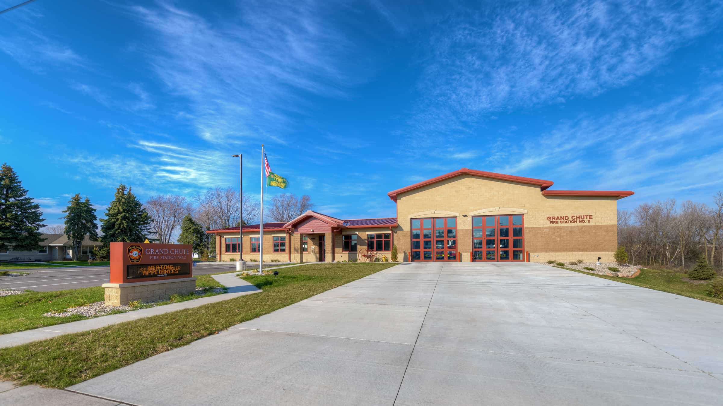 Town of Grand Chute - Fire Station #2 Exterior View of Building with Truck Bay Doors and Drive