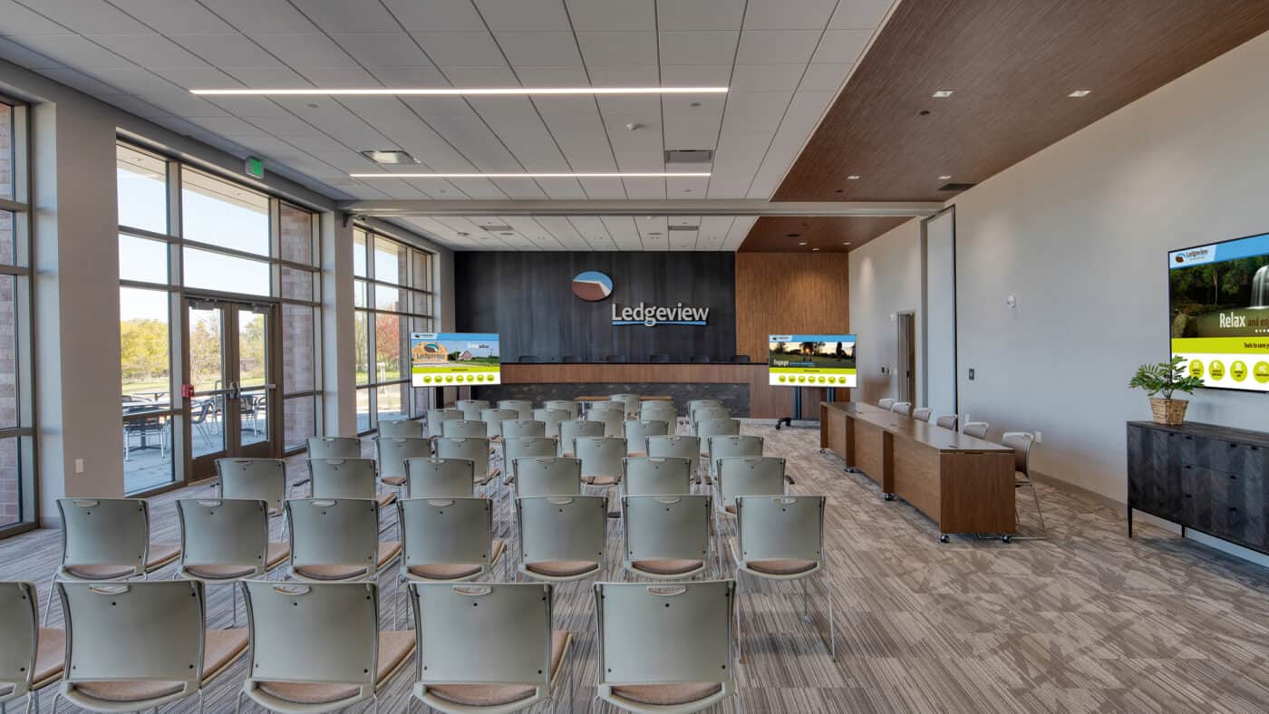 Town of Ledgeview Municipal Building - Interior View of Meeting Room with Seating, Projection, Outside View