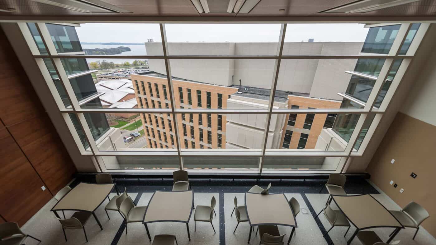 University of Wisconsin - Madison - Wisconsin Institutes for Medical Research - Interior View of Seating Area, with View of Campus and Lake