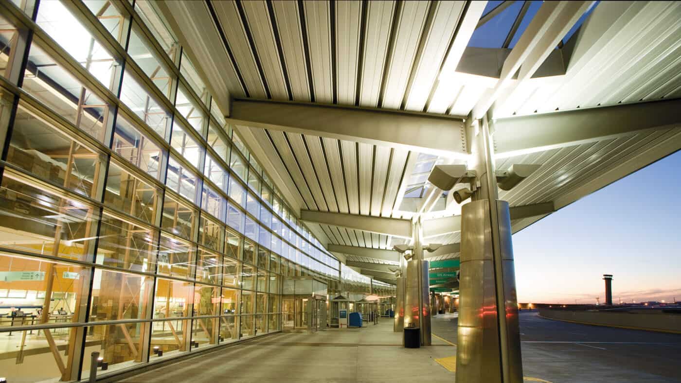 Will Rogers World Airport Building Exterior at Dusk