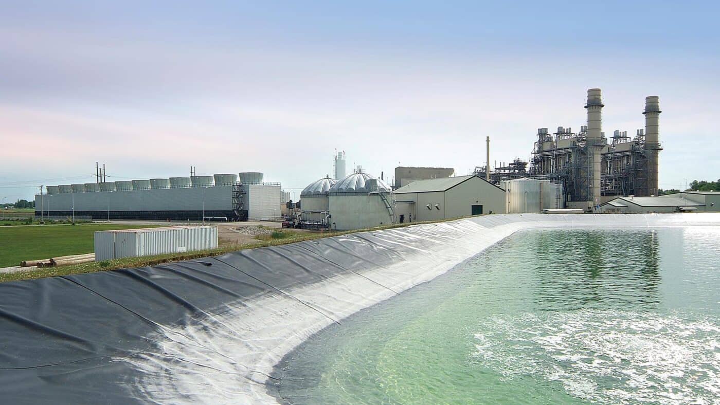 Wisconsin Public Service - Fox Energy Center Natural Gas-Fired Electrical Power Plant Exterior View of Plant in Background with Detention Pond in Foreground